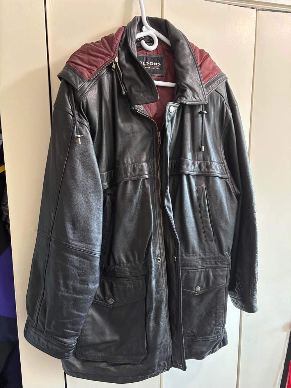 Wilsons Leather Black Leather Field Jacket with Burgundy Hood Lining